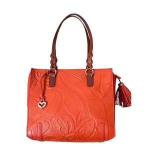 Brighton Embossed Floral Design Burnt Orange Leather Shoulder Bag EUC
